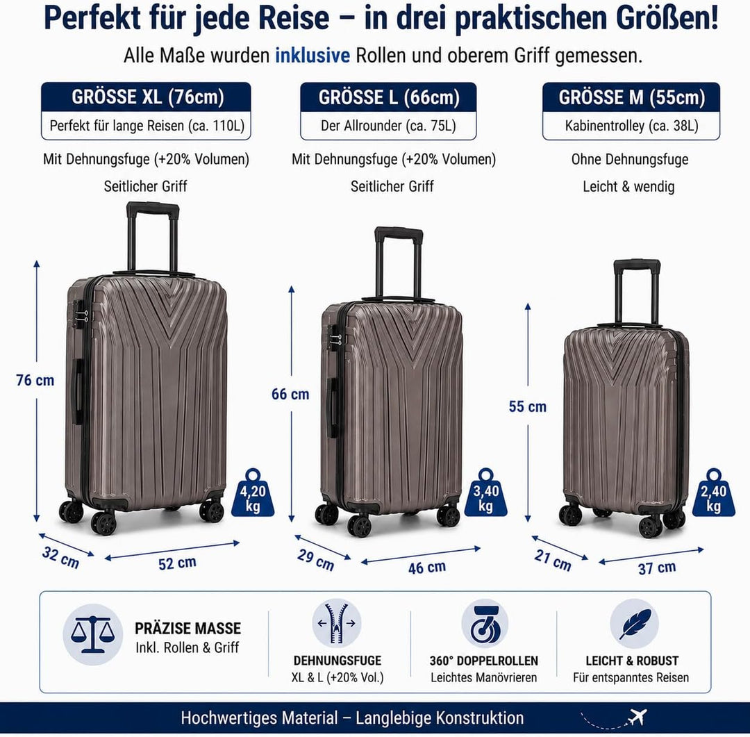 BEIBYE Kofferset Rollkoffer Koffer Hartschale,TSA Schloss, Zwillingsrollen, Erweiterung (Coffee, 76