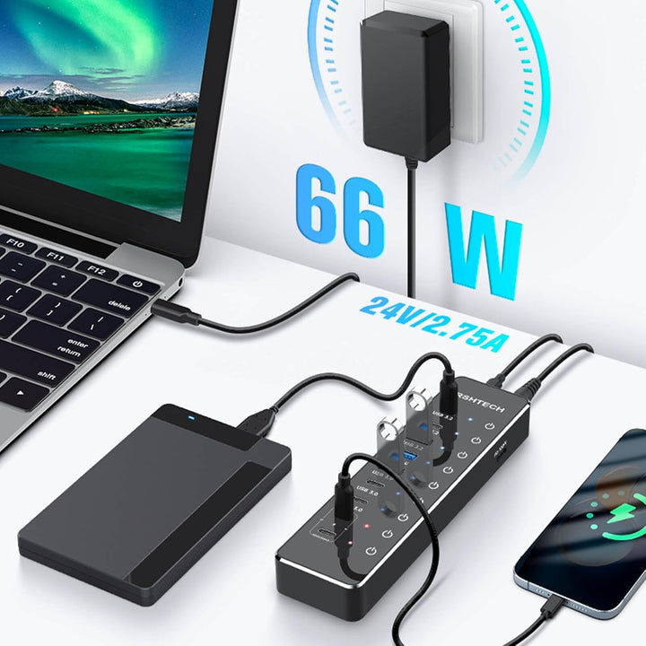 RSHTECH 10 Ports USB C Hub mit Netzteil - 3 USB 3.2 Gen 2 (2 Type C*1 Type A), 4 USB 3.0 (2 Typ C*2