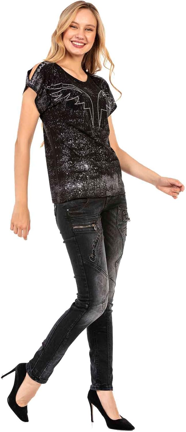 Cipo & Baxx Damen Slim Fit Jeanshose Ausgefallen Freizeit Hose Reissverschluss WD437 Schwarz W27 L34