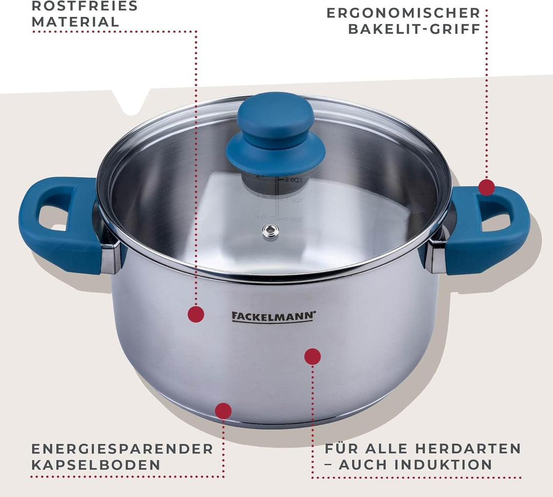 FACKELMANN Kochtopf Essential Ø 20 cm aus Edelstahl, ergonomische Softtouch-Griffe, modernes Design,