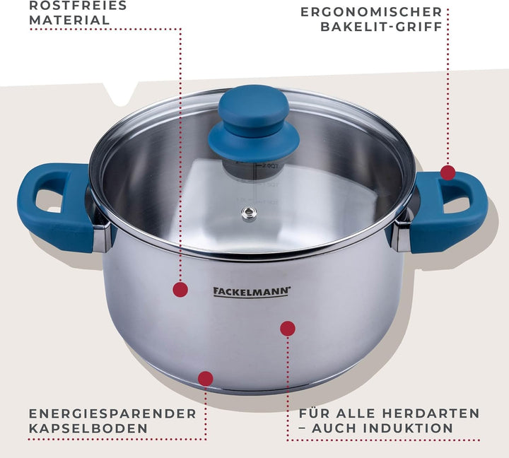FACKELMANN Kochtopf Essential Ø 20 cm aus Edelstahl, ergonomische Softtouch-Griffe, modernes Design,