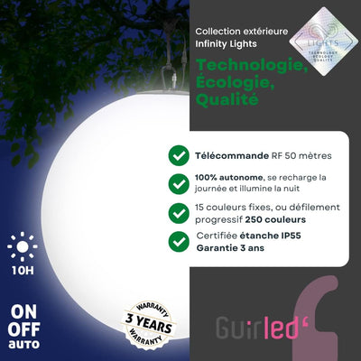 GuirLED - Solarkugel LED IP55 RGB Premium XL – wiederaufladbar Sonne/Netzbetrieb – Fernbedienung – G