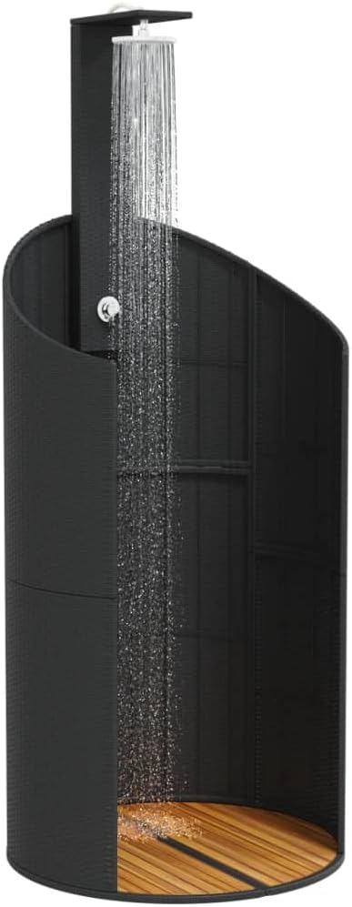 Faroom Rattan Gartendusche mit 180° Regenduschkopf Grosser Pooldusche mit Lattenboden Outdoor Dusche