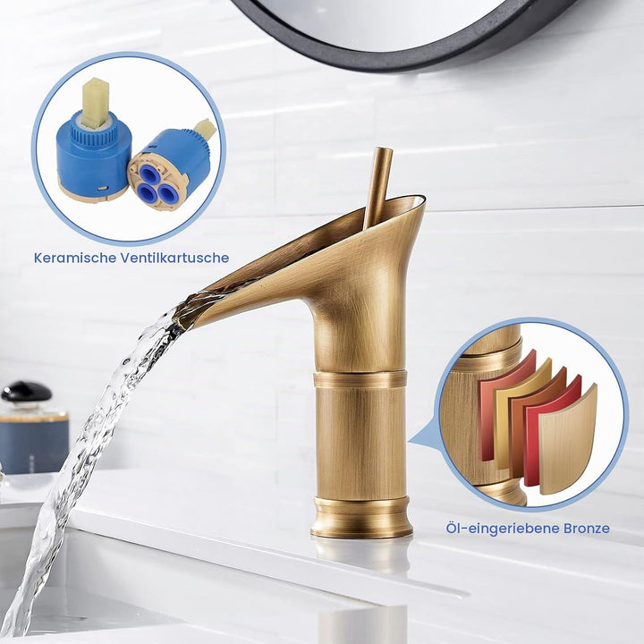 ROWINNAO Wasserfall Wasserhahn Bad Antik Messing, Kurz Waschtischarmatur Bad Retro Gold, Einhebel Ba