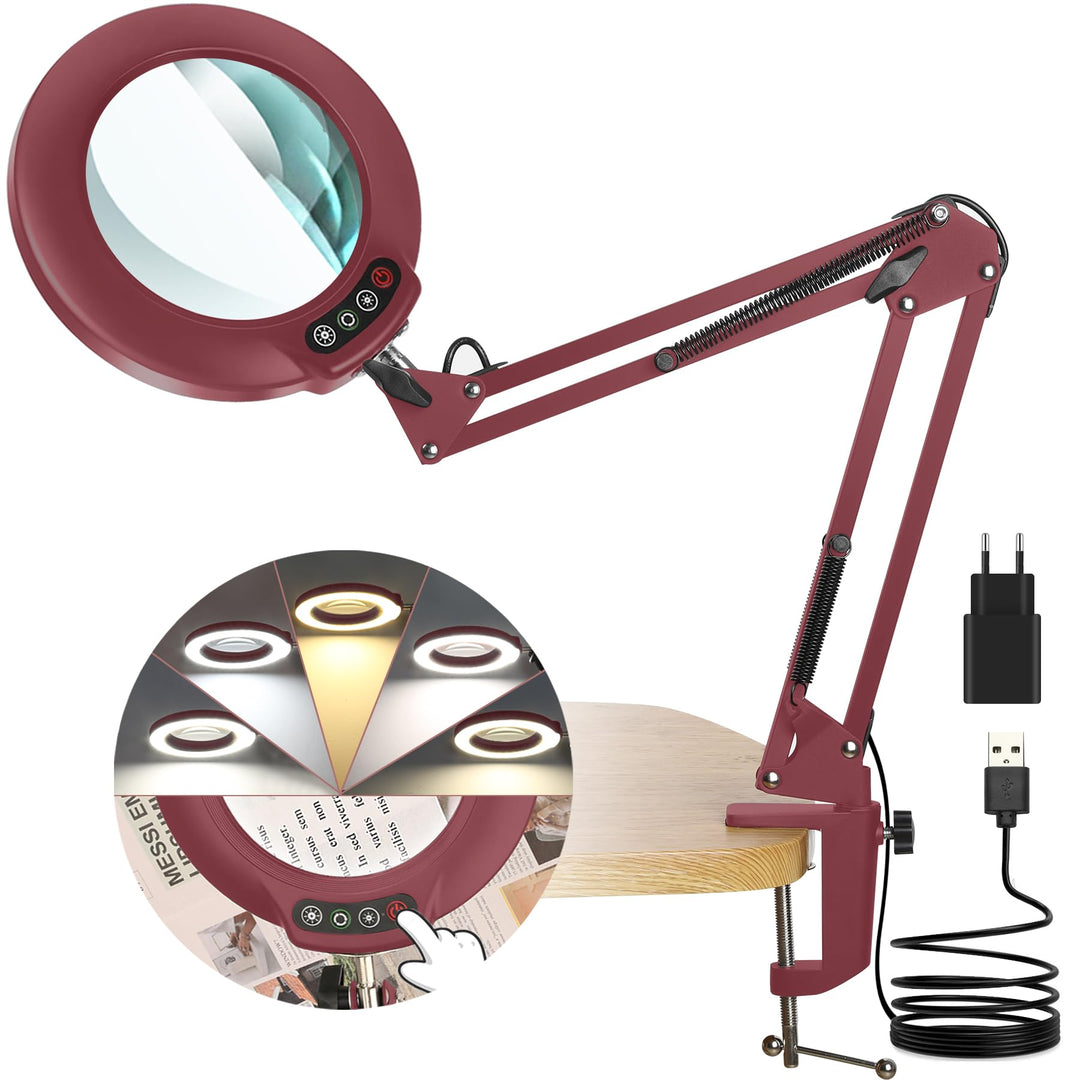 Veemagni 10X Echtes Glas Lupe mit Licht, 5 Farbmodi Stufenlos Dimmbar, Verstellbarer Schwenkarm LED