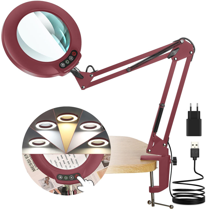 Veemagni 10X Echtes Glas Lupe mit Licht, 5 Farbmodi Stufenlos Dimmbar, Verstellbarer Schwenkarm LED