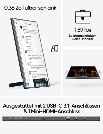 ARZOPA 16.1" Portable Monitor, 1920×1080 FHD IPS Tragbarer Monitor für Laptop mit Einzelstange, Unte