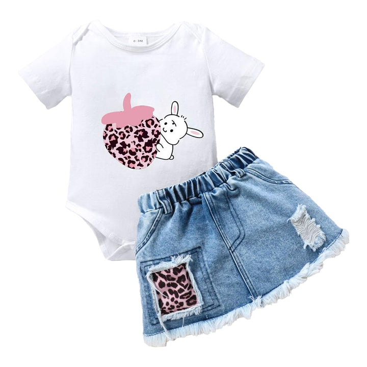 Vestiti Set per Neonata Manica Corta/Lunga Stampa a Lettere Tutina a Coste +Gonna in Denim Abbigliam