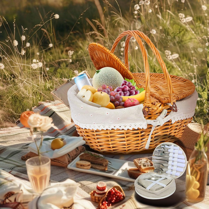 Picknickkorb-Set aus Weide für 4 Personen mit Deckel und Griff. Picknickkorb mit waschbarem Futter u