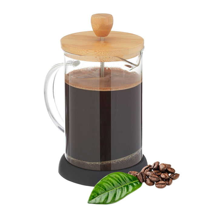 Relaxdays Kaffeebereiter manuelle Stempelkanne, 800 ml, Glas | transparent/natur, Bambusdeckel, Sieb