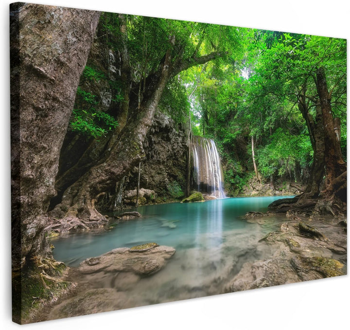MuchoWow Leinwand Bilder, Einzigartige Wanddeko mit Rahmen, Dschungel - Wasserfall - Pflanzen - Wass