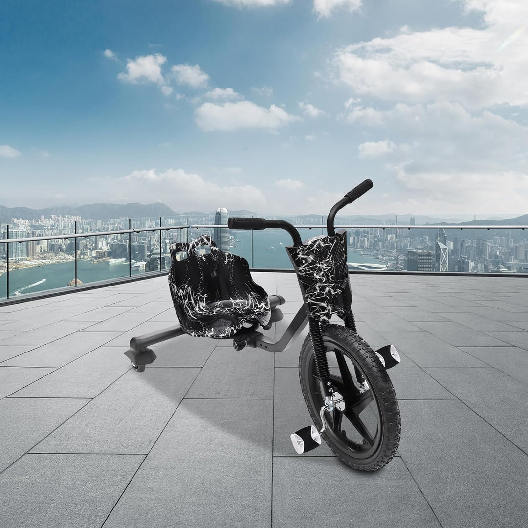 Drift Trike, 360° Drift Cart Tretauto mit Pedale Verstellbarer Schalensitz Schwarzer Blitz ab 6 Jahr