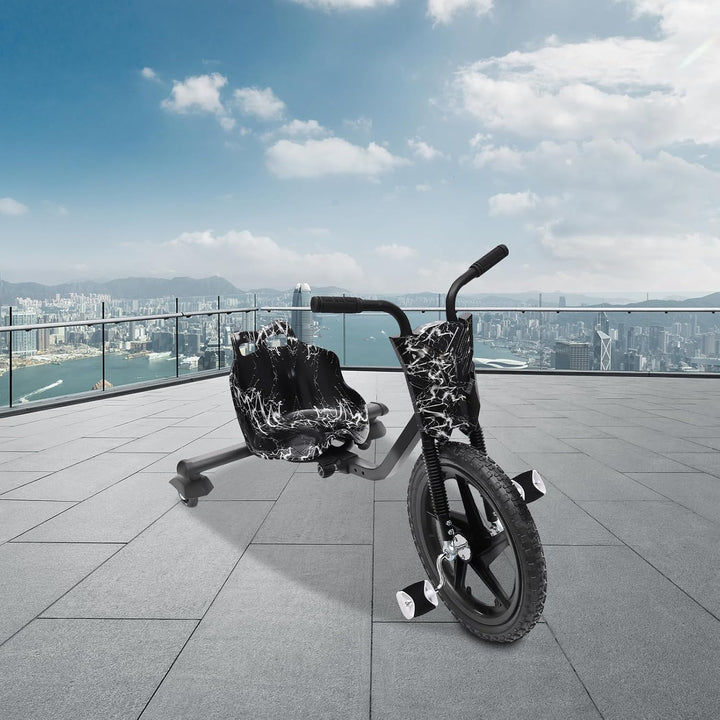 Drift Trike, 360° Drift Cart Tretauto mit Pedale Verstellbarer Schalensitz Schwarzer Blitz ab 6 Jahr