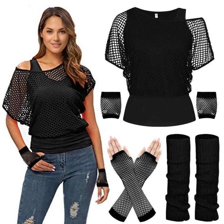 WILDPARTY 80er 90er Jahre Outfit Damen, Netzshirt, Tank top, Beinwärmer, Netzhandschuhe, Kostüm 80er
