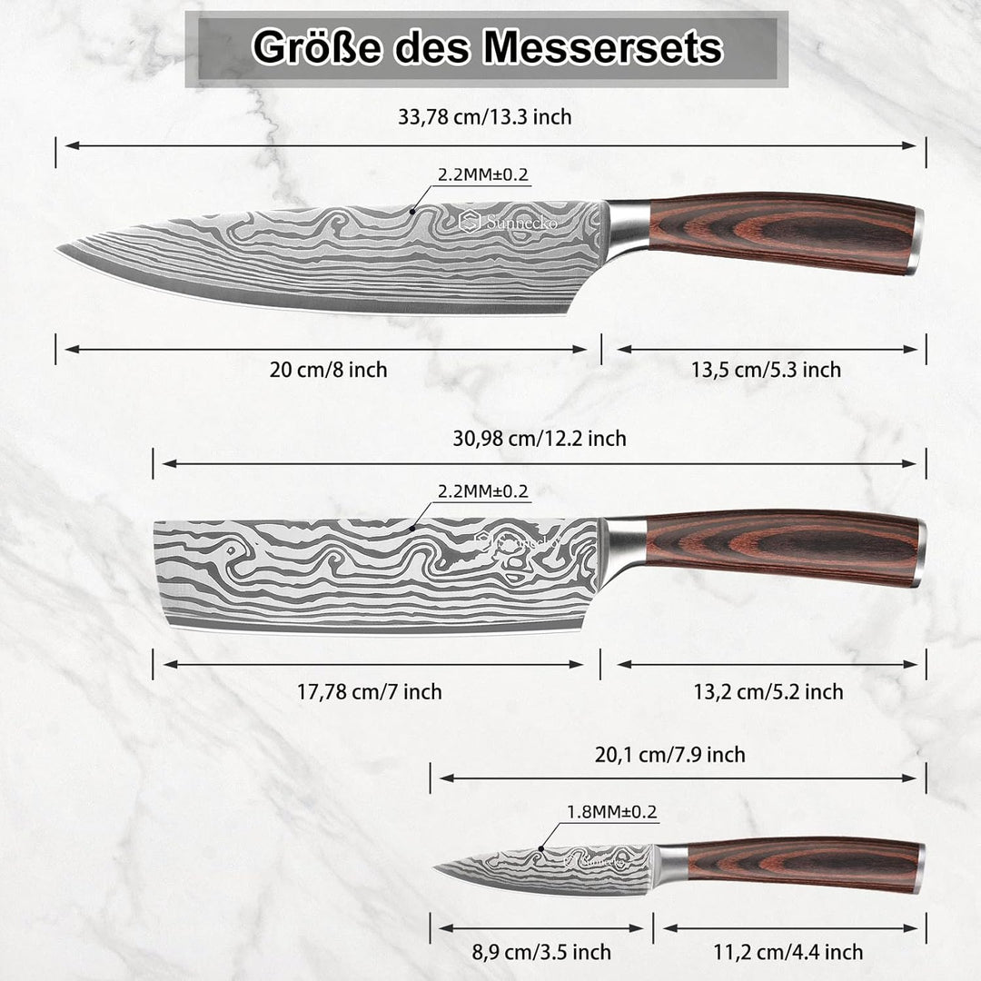 Sunnecko Profi Messer Küchenmesser Set 3tlg - Messerset Küche scharfe Messer Set Kochmesser Set mit