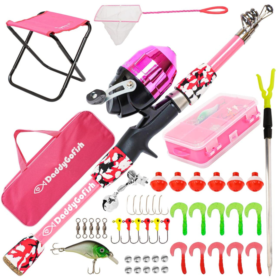 DaddyGoFish Kinder Angelset - Teleskoprute & Rolle Combo mit Klappstuhl, Rutenhalter, Tackle Box, Kö