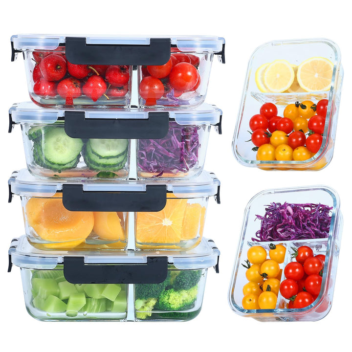 Glasbehälter mit Deckel Meal Prep Boxen Glas 2&3 Fächer (4Stück, 1040ml) Frischhaltedosen mit Deckel