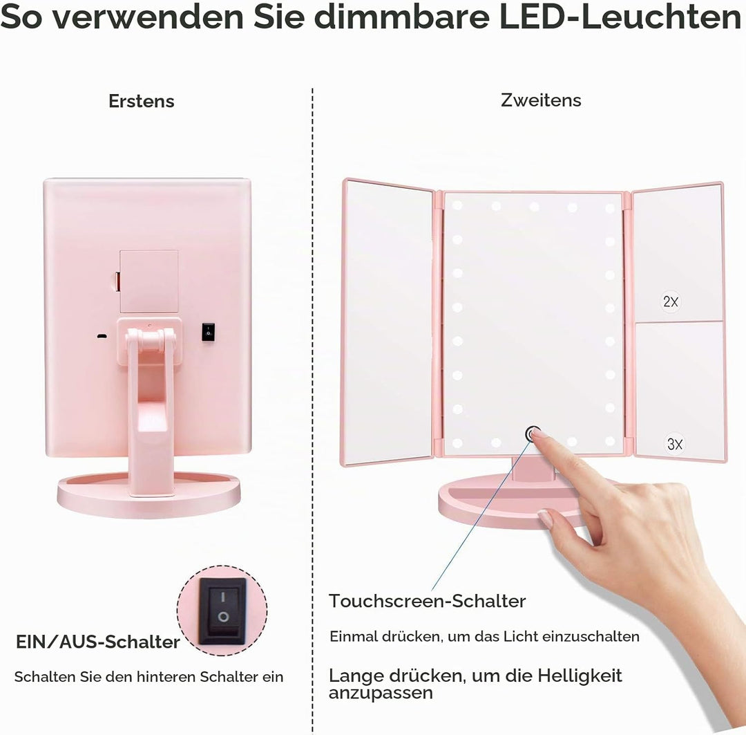 WEILY beleuchteter Kosmetikspiegel 1x / 2X / 3X Vergrösserungs-Trifold mit 36 LED-Lichtern, Touchscr