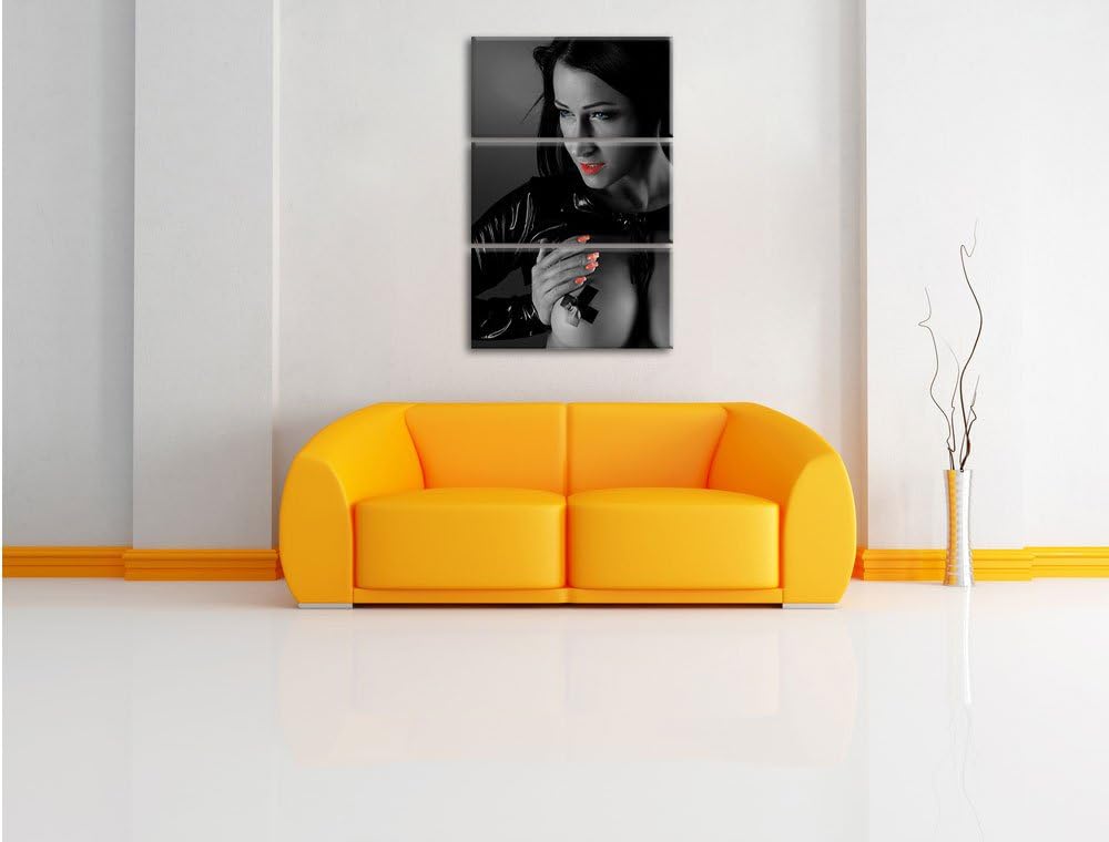 Pixxprint schwarzhaarige sexy Frau schwarz/weiss als Leinwandbild/Grösse: 3 Teilig (120x80 cm) cm/Wa