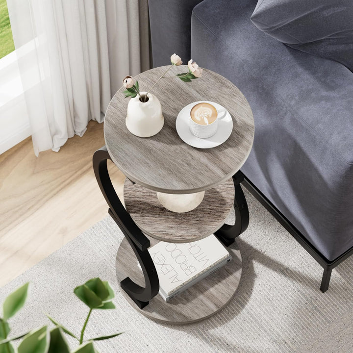 JUSTOGO Beistelltisch Rund, S-förmiges 3-stufiger Couchtisch, Kleiner Tisch Holz, Metall Nachttisch
