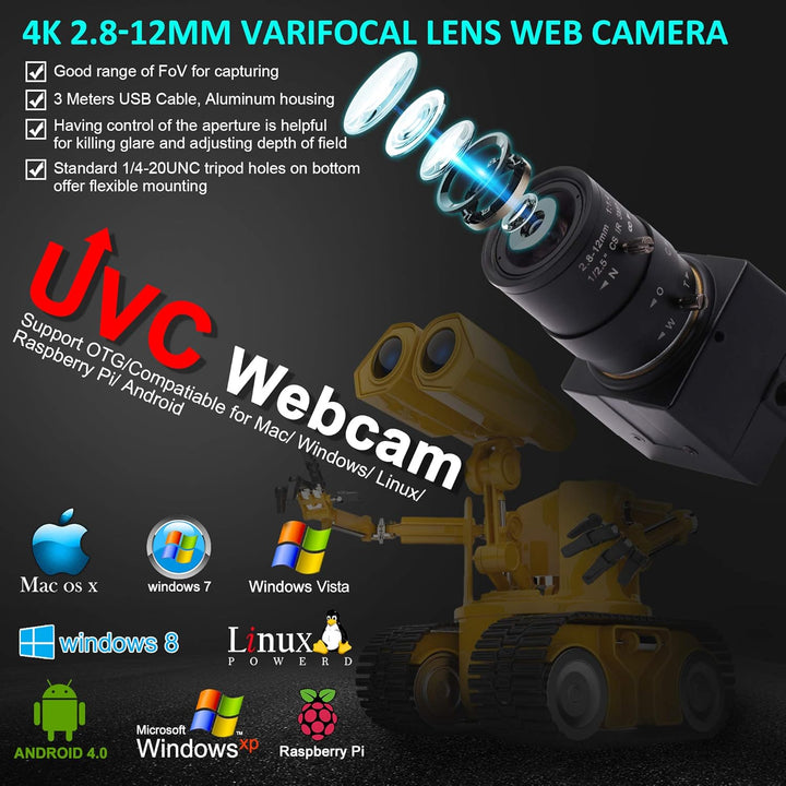 ELP 4K Webcam 30fps,Ultra HD USB Zoom Kamera mit 2.8-12mm Weitwinkel Objektiv,Mini Web Kamera für PC