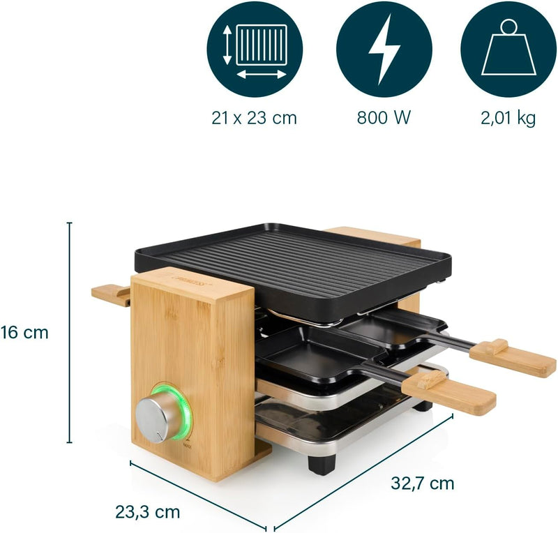 Princess SDA 162950 Raclette Pure 4 – Bambusausführung für bis zu Personen regelbares Thermostat 800