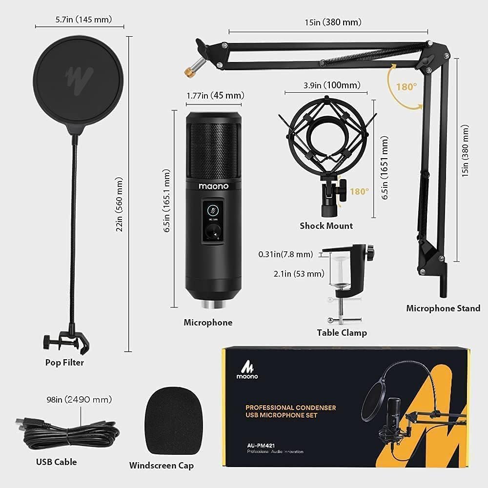 USB Mikrofon Set, MAONO AU-PM421 Gain Regler PC Mikrofon mit Stummschalter &192kHz/24Bit, Profession