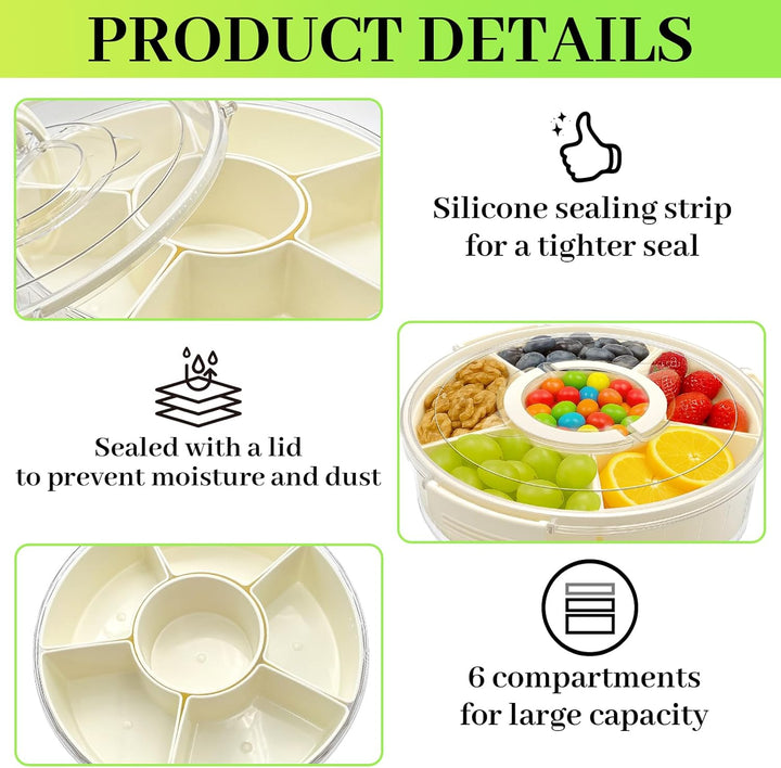 6-Fach Snackbox Rund-Ø30x10cm- 360° Snack Spinner Drehbar mit Deckel & Griff,Snackdose Organizer Gro