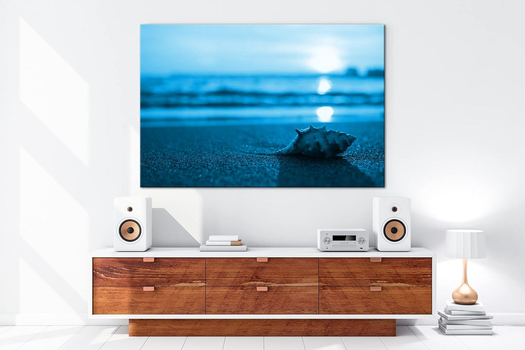 deyoli einzelne Muschel am Strand Format 80x60 Effekt: Monocrome Blau als Leinwandbild, Motiv fertig