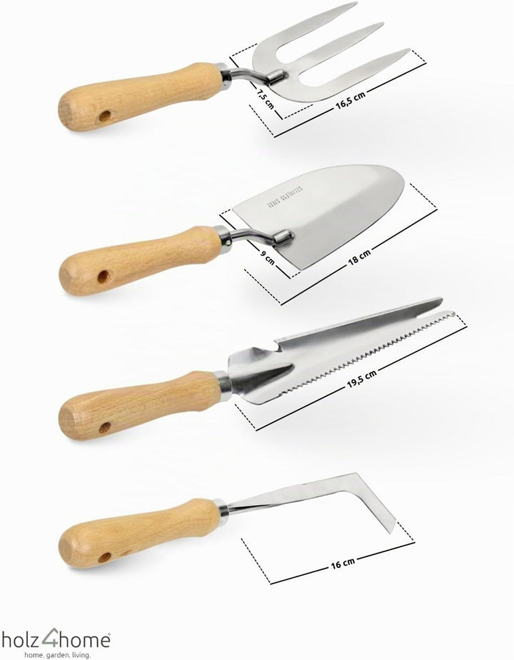 holz4home® Gartenwerkzeug Set 4-TLG. I Edelstahl &amp; Eschenholz I Handschaufel, Unkrautstecher, Fugenk