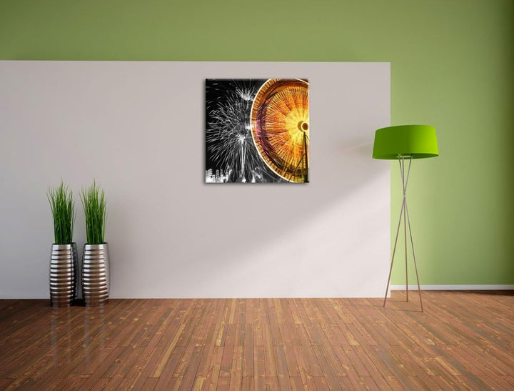 Pixxprint Jahrmarkt mit Feuerwerk / 70x70cm Leinwandbild bespannt auf Holzrahmen/Wandbild Kunstdruck