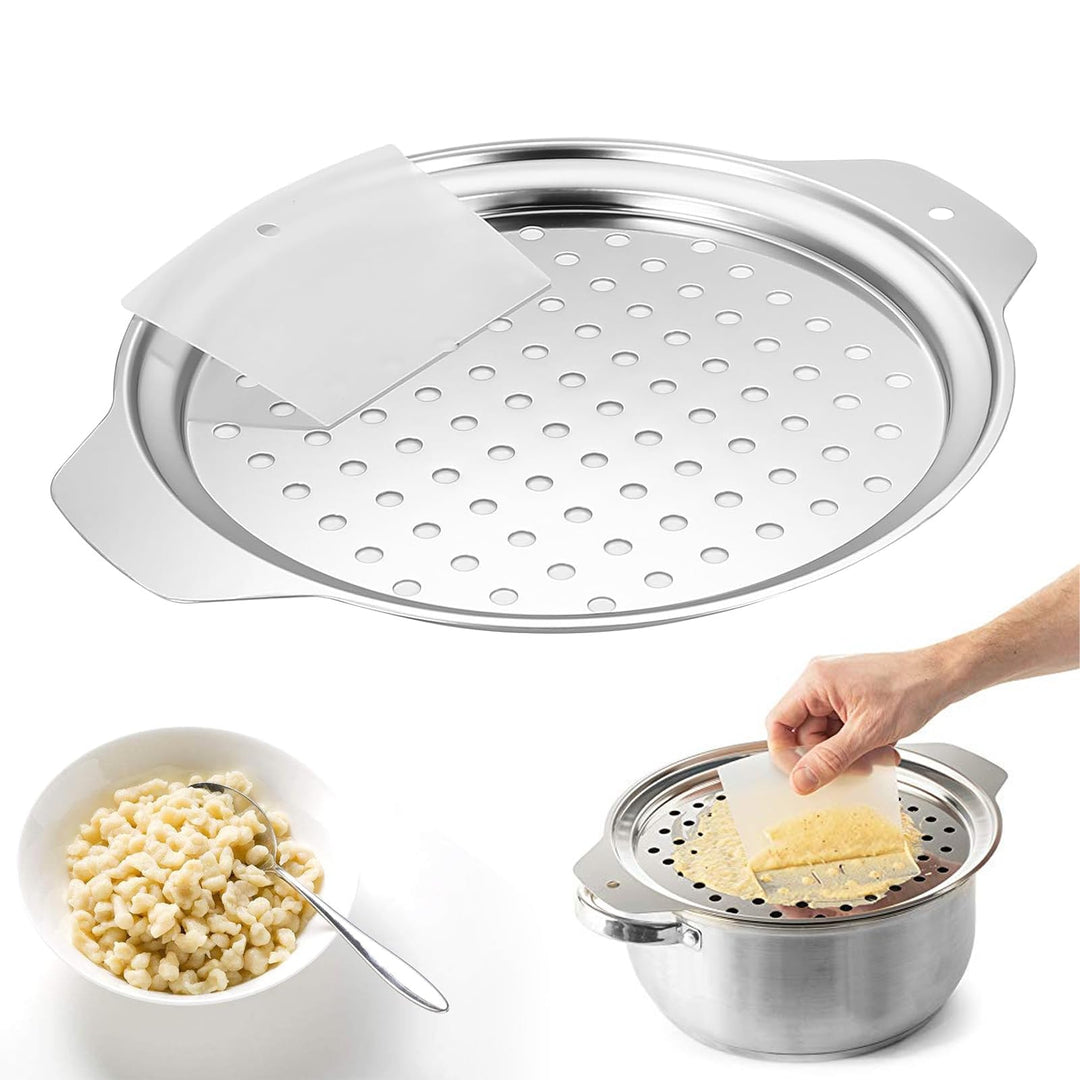 Spätzlepresse Edelstahl, Spätzlereibe und Spätzlehobel Topfaufsatz für 24–28 cm Töpfe mit Schaber, S
