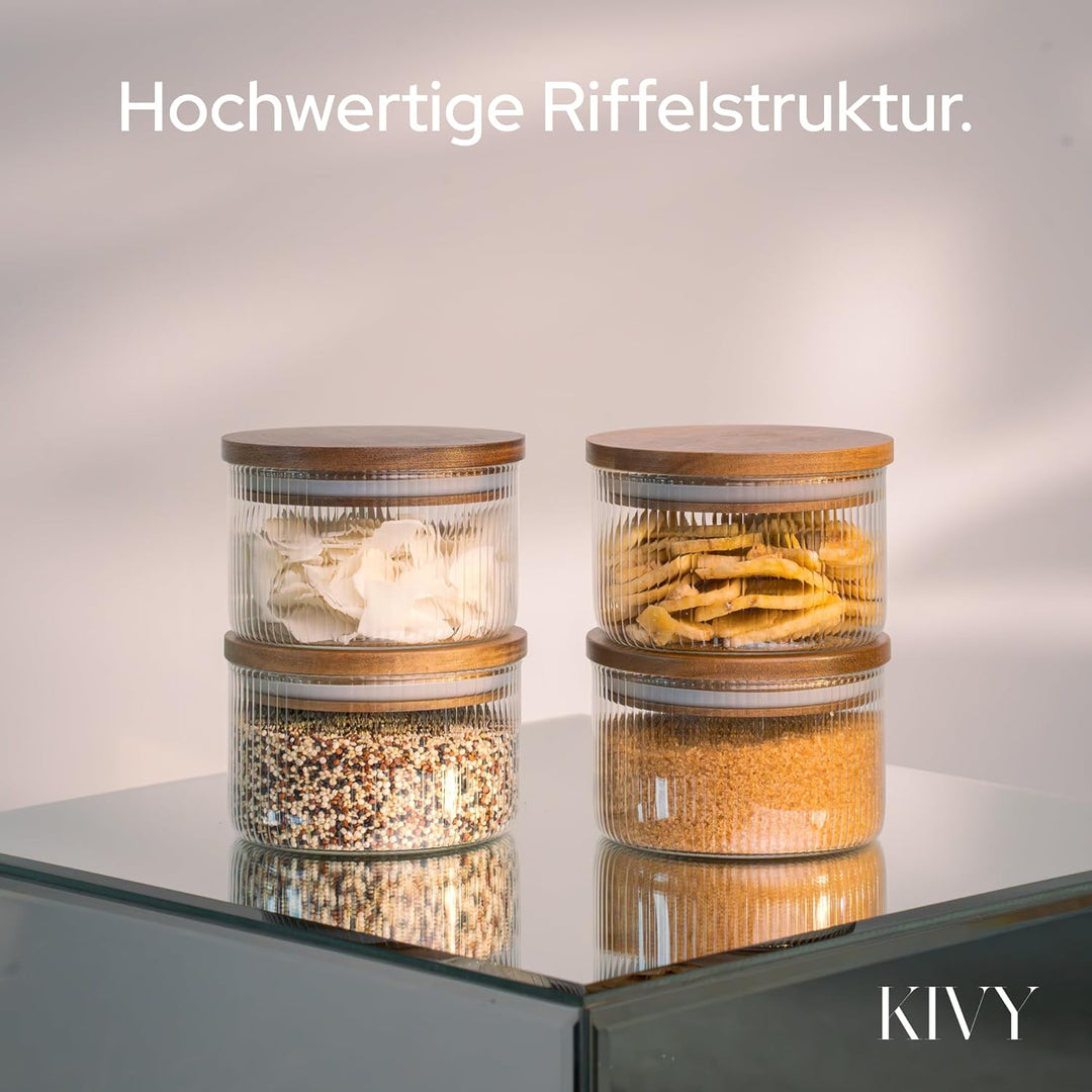 KIVY Riffel Vorratsgläser mit Deckel - 4 x 350ml - Kleine Vorratsdosen mit Akaziendeckel - Vorratsdo