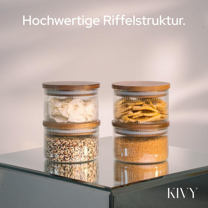KIVY Riffel Vorratsgläser mit Deckel - 4 x 350ml - Kleine Vorratsdosen mit Akaziendeckel - Vorratsdo