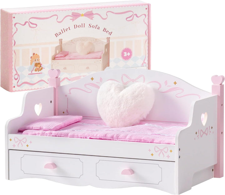 ROBOTIME Holz Puppen Doppelbett, Sofa Bett mit Ausziehfunktion, Puppen Etagenbett mit 2 Sets Bettwäs