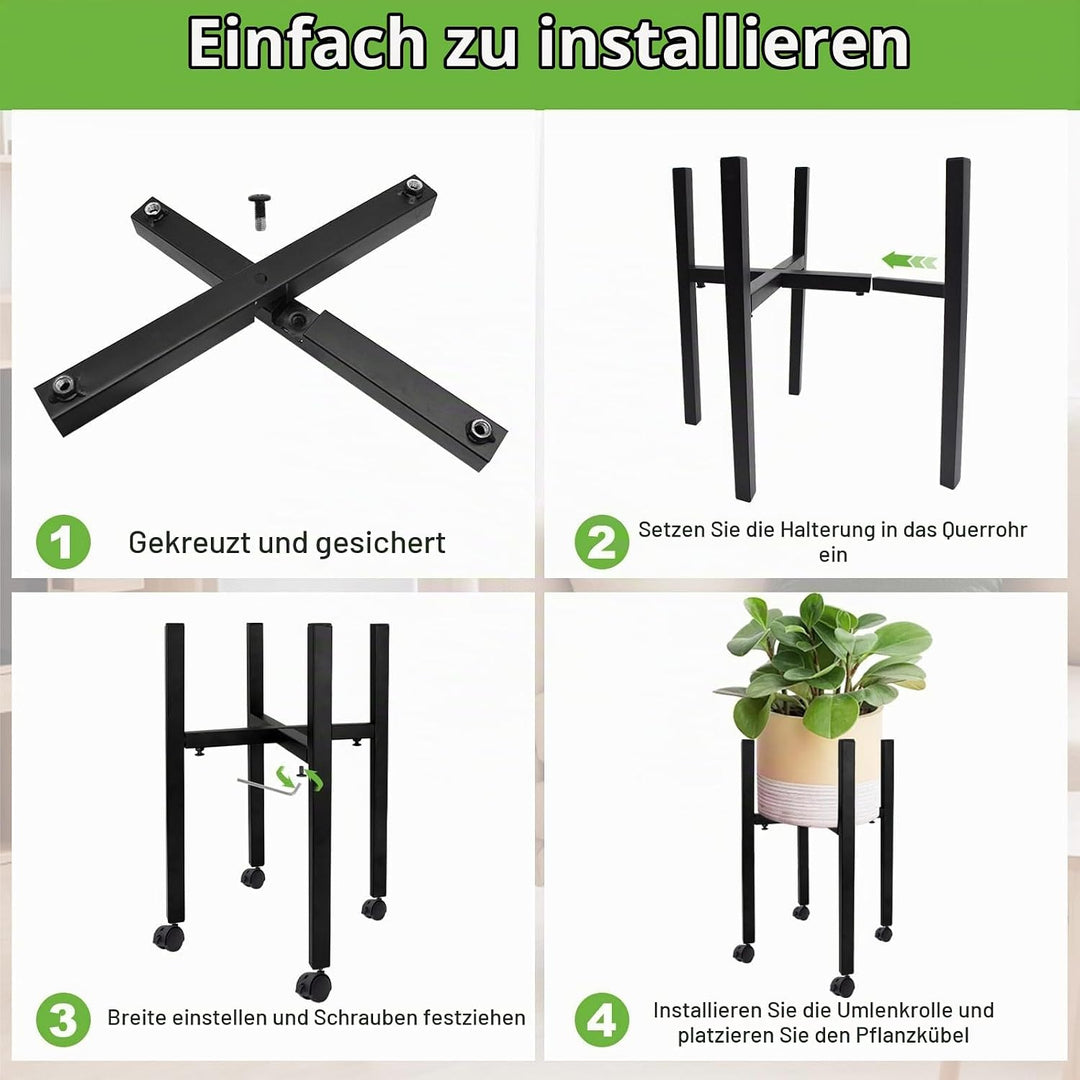 Verstellbarer Pflanzenständer, Blumenständer Metall Schwarz mit 4 Umlenkrollen für 24-38 cm Verschie