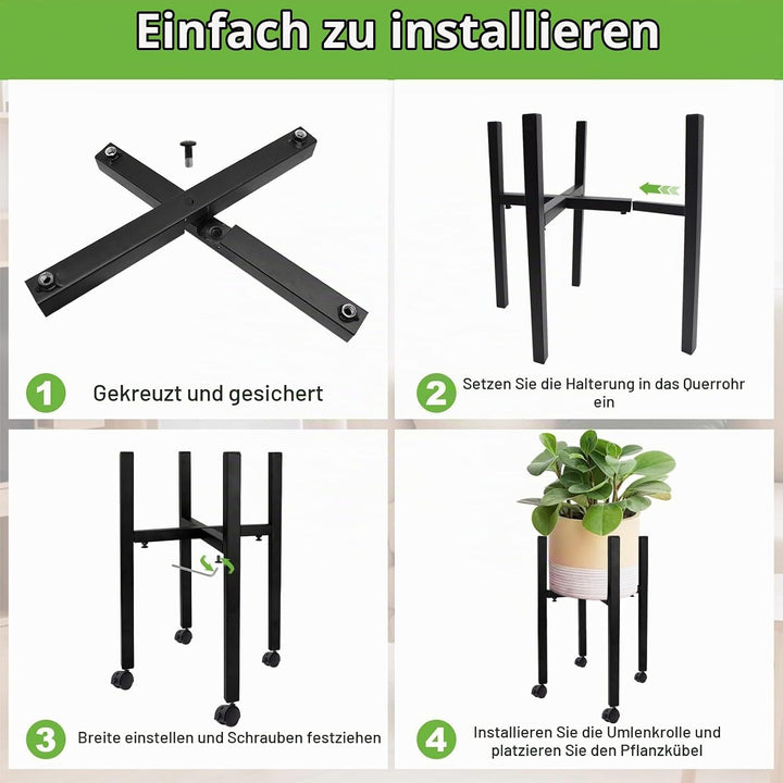 Verstellbarer Pflanzenständer, Blumenständer Metall Schwarz mit 4 Umlenkrollen für 24-38 cm Verschie