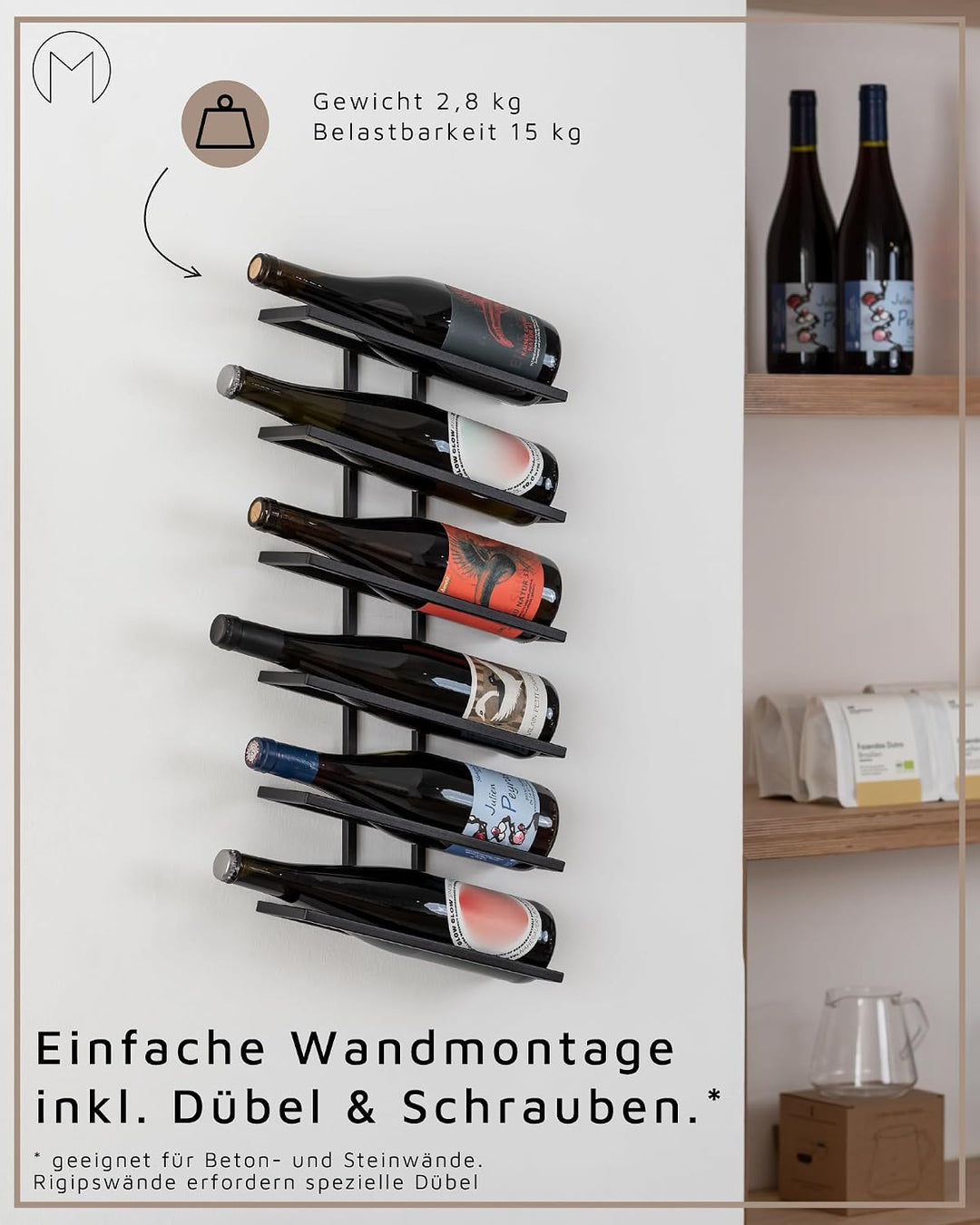 Metallbude Weinregal VINIA - Schwarz - Minimalistisches Weinregal aus Metall mit Wandmontage - 6 Fla