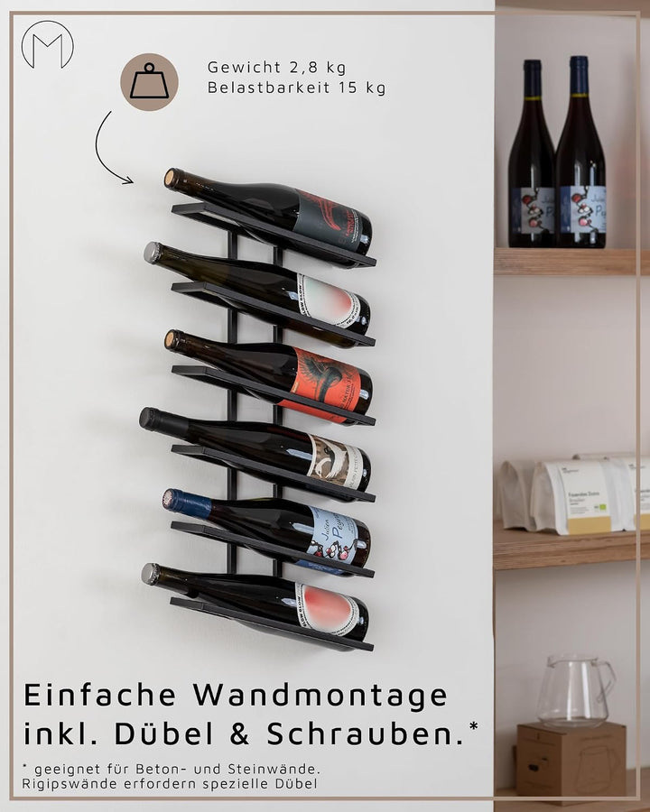 Metallbude Weinregal VINIA - Schwarz - Minimalistisches Weinregal aus Metall mit Wandmontage - 6 Fla