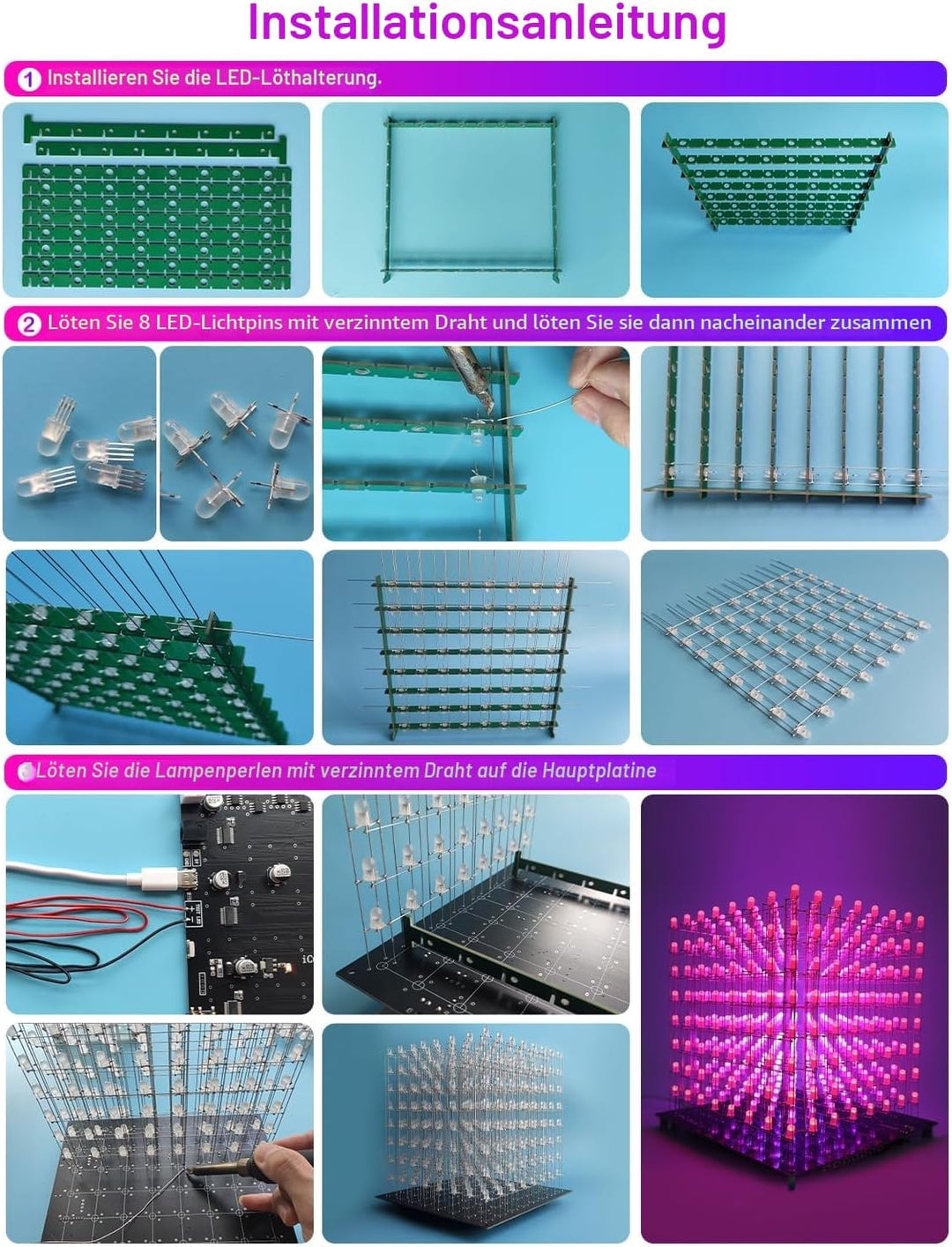 iCubeSmart 3D8RGB-KIT LED-Würfel-Set, DIY-Elektronik-Set, 8 x 8 x 8, LED-Lichtwürfel, DIY-Lötprojekt