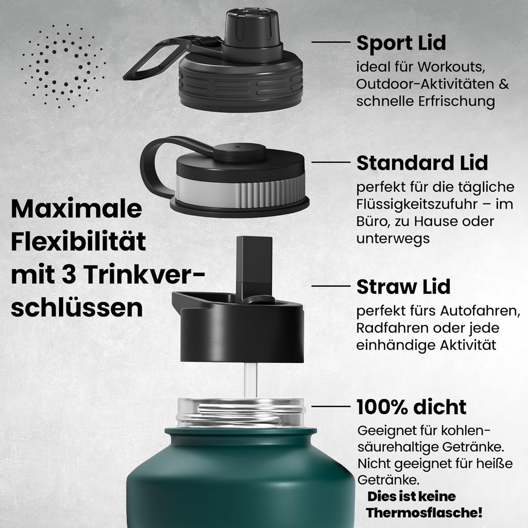 BeMaxx Trinkflasche Edelstahl ACTIVE FLASK + Strohhalm (3 Deckel) | Grosse 1,3 Liter Sportflasche BP