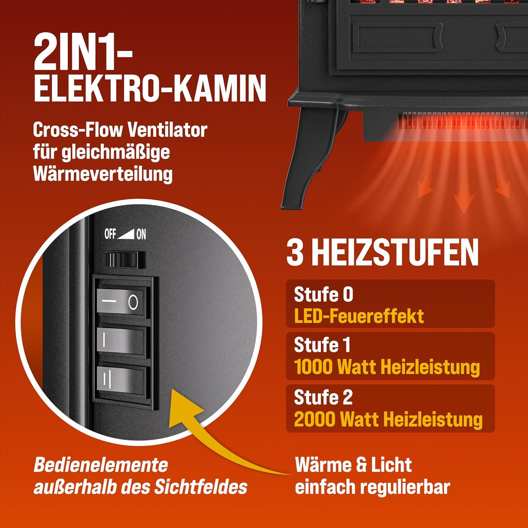 Elektrokamin mit Heizer Kaminfeuer LED 2000W elektrischer Heizlüfter Elektroofen mit Flammen Dekokam
