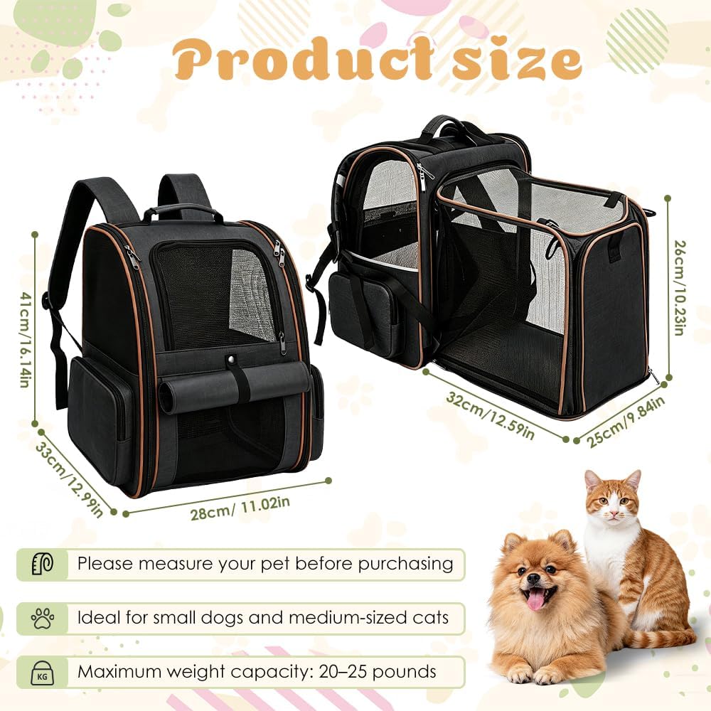 Erweiterbar Katzenrucksack Hunderucksack für Katzen Hunde bis 7kg, Schwarz | Katzentransporttasche m