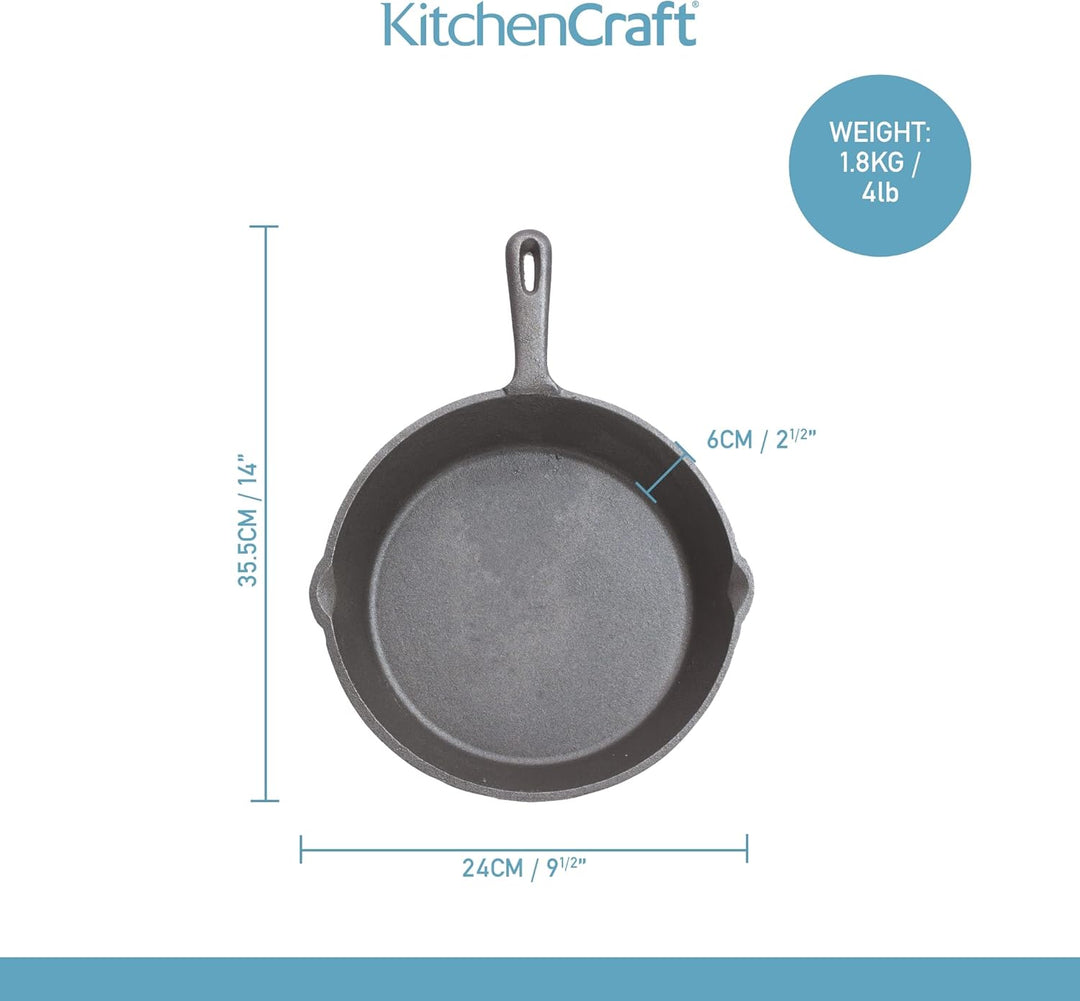 KitchenCraft Gusseiserne Grillpfanne, Induktionssicher, Rund, Gusseisen, 24 cm