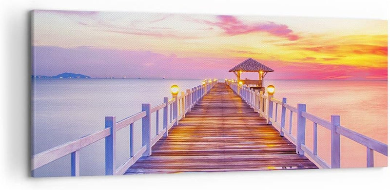 Wandbilder Dekoration Wohnzimmer Sonnenuntergang Wasser Brücke Horizont Bilder auf Leinwand 120x50cm