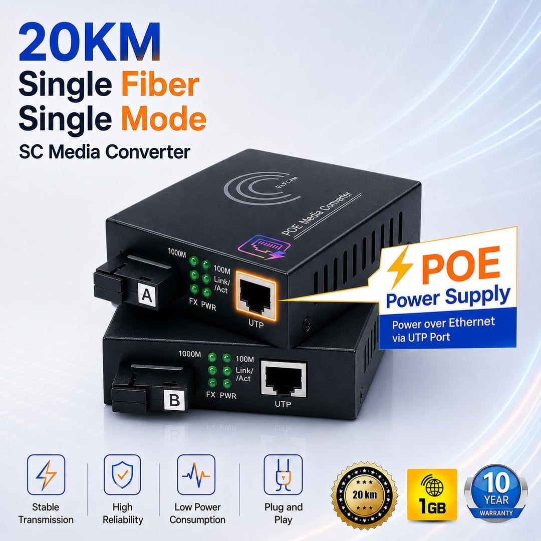 Elfcam® - PoE Gigabit Ethernet LWL Medienkonverter Glasfaser 10/100/1000 Mbps inklusive Mini-GBIC (S