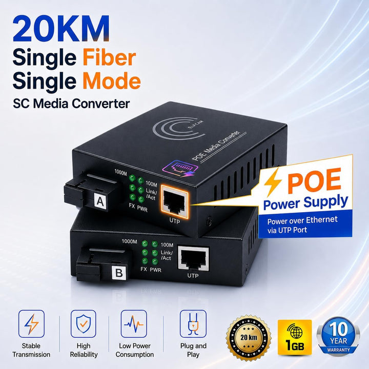 Elfcam® - PoE Gigabit Ethernet LWL Medienkonverter Glasfaser 10/100/1000 Mbps inklusive Mini-GBIC (S