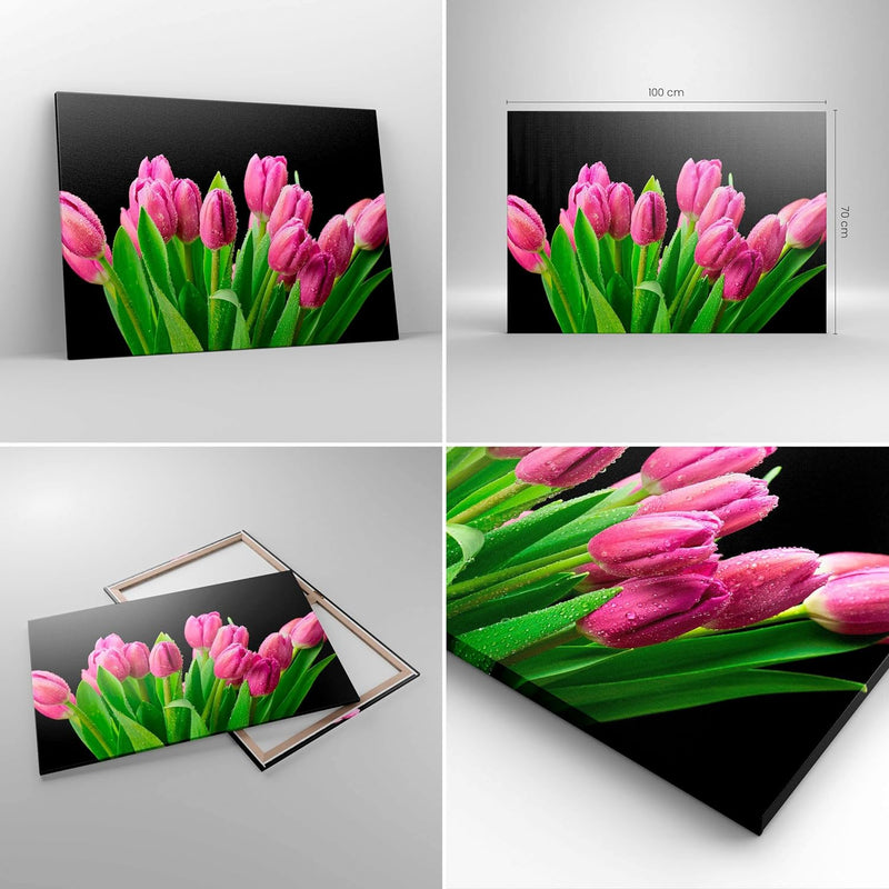 Bilder auf Leinwand 100x70cm Leinwandbild Tulpen Blumenstrauss Tau Tropfen Gross Wanddeko Bild Schla