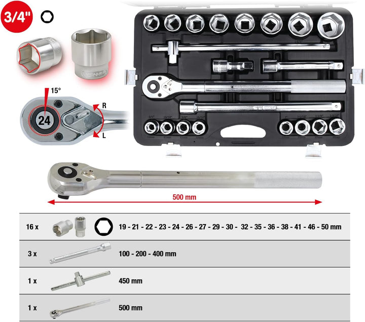 KS Tools 911.0721 3/4" Steckschlüssel-Satz, 21-tlg 6-kant 3/4", 6-kant 3/4", 3/4", 6-kant 3/4"