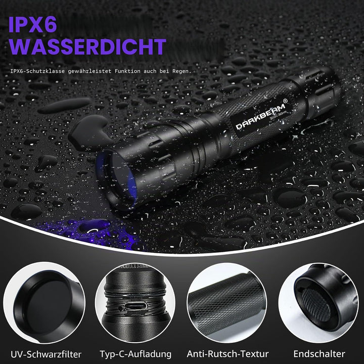 DARKBEAM UV-Taschenlampe 365nm Licht Schwarzlicht, Mini Leistungsstarke Holzlampe USB-C Wiederauflad